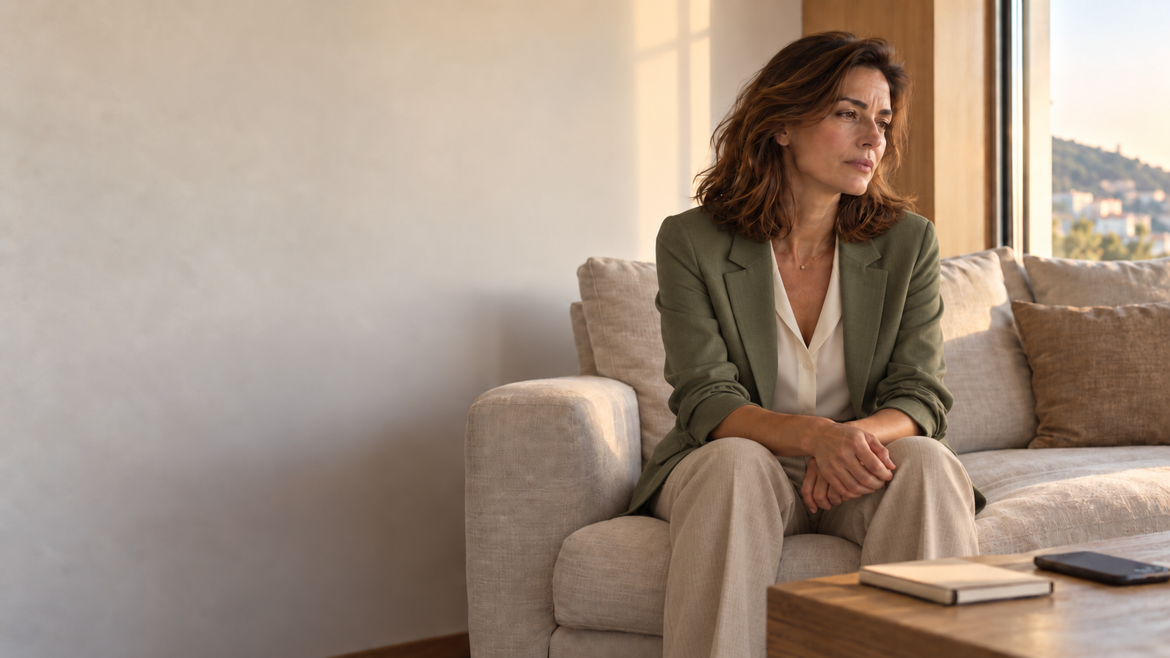 Mujer con blazer oliva sentada junto a la ventana, pensativa